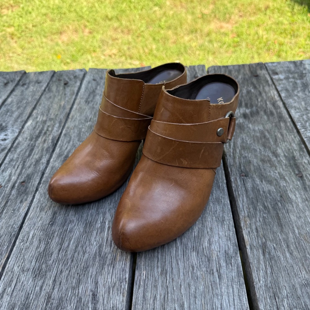 Kork-Ease Brown Leather Mules Harness Ring Block Heel Clogs K9134 Tan Womens 7.5